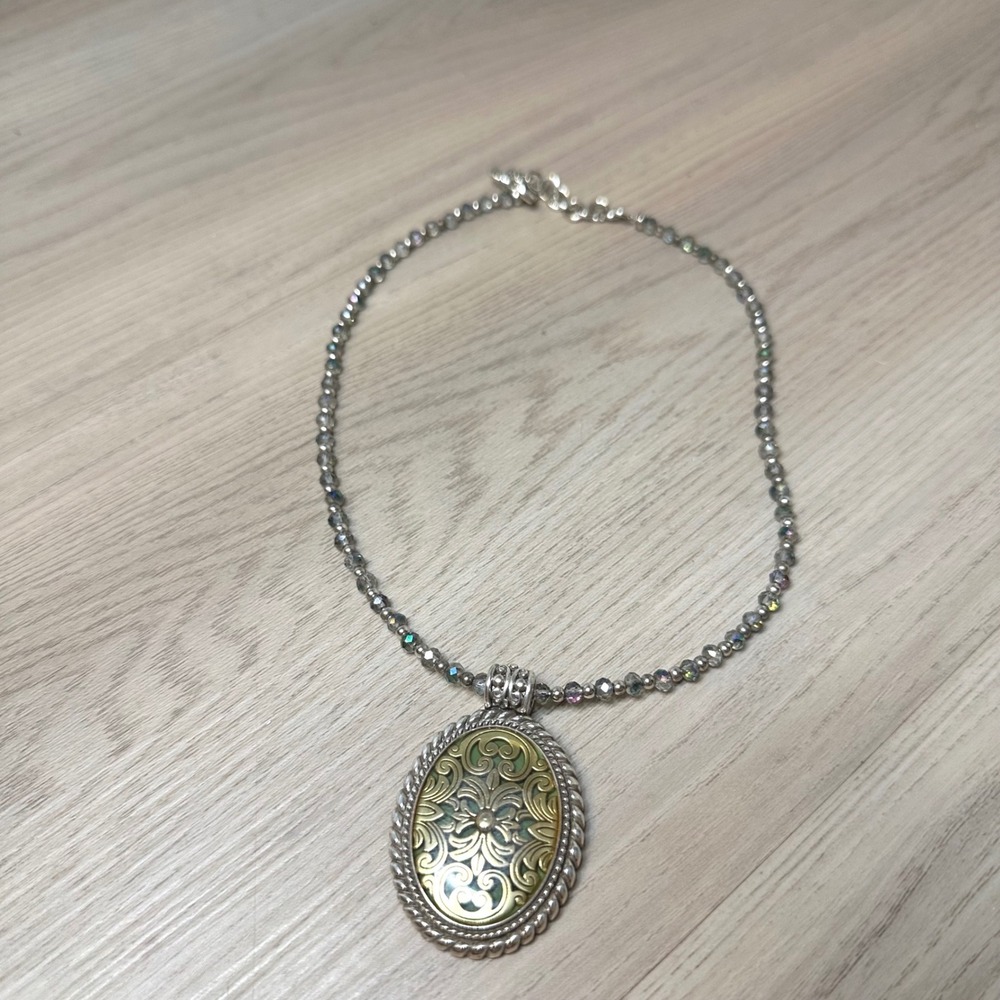 Brighton retired HTF Medallion Pendant Necklace Silver Crystal Gold Green Resin